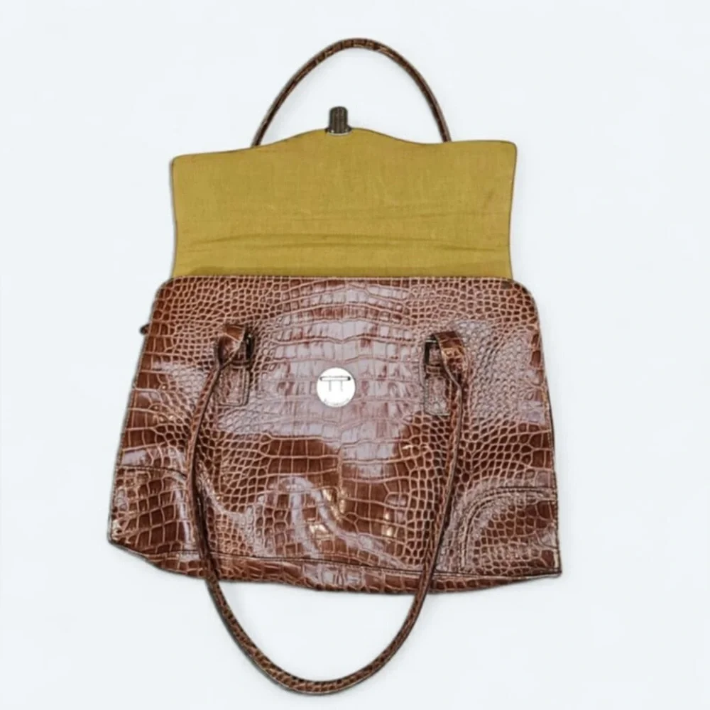 Liz Claiborne Large Brown Croc Embossed Leather Laptop Satchel Purse Tote Bag - Picture 5 of 15